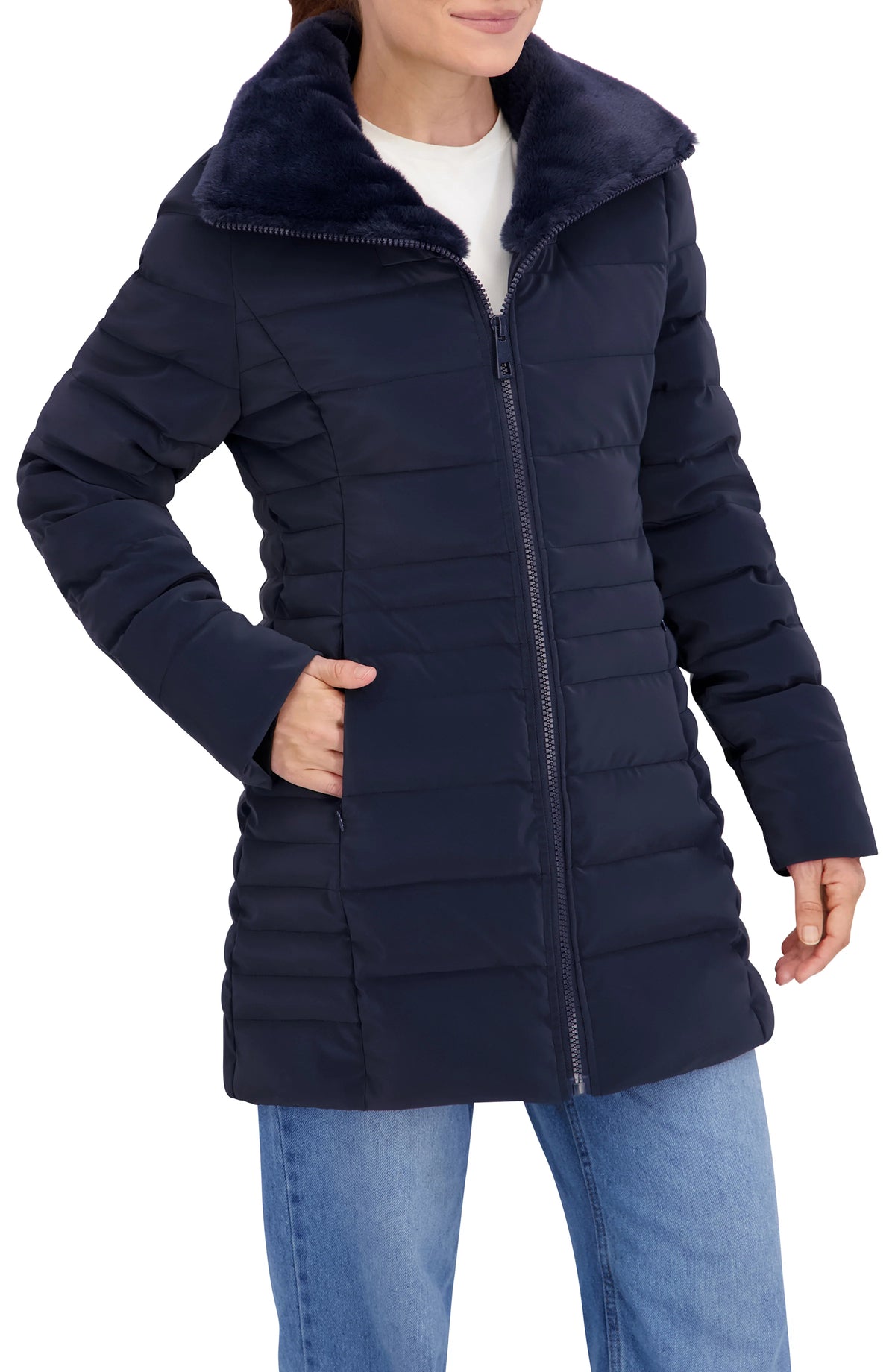 Quilted Carbon Puffer Stadium Coat w Faux Fur Collar
