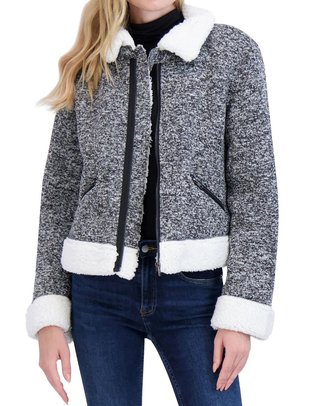Sweater Bonded to Sherpa CF Zip Moto with Detach Hood