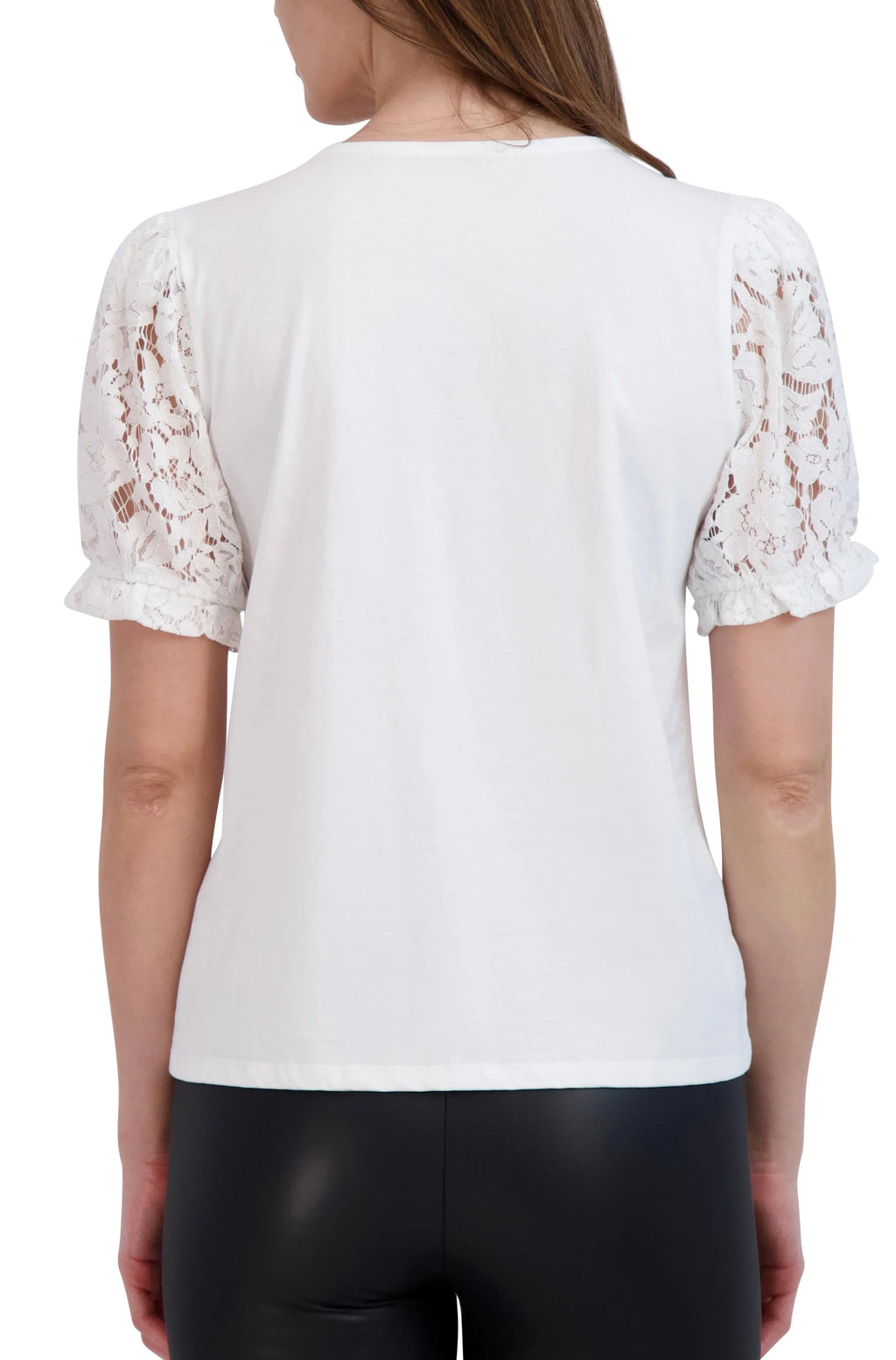 V Neck Top with Lace Trim Collar and Sleeves