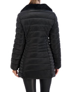 Quilted Carbon Puffer Stadium Coat w Faux Fur Collar