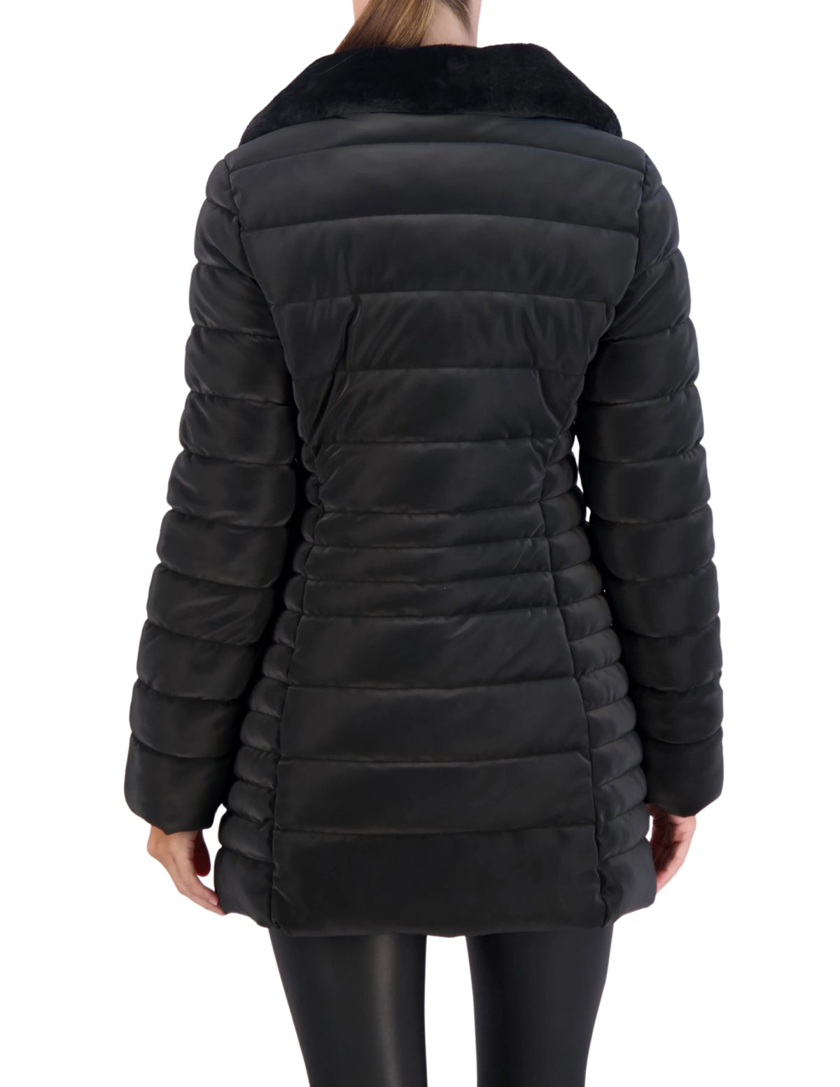 Quilted Carbon Puffer Stadium Coat w Faux Fur Collar