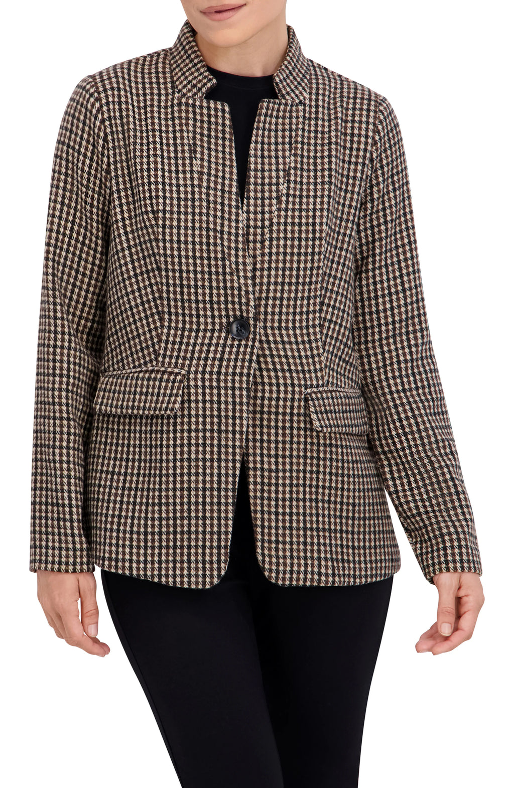 Inverted Collar Plaid One Button Unlined Blazer