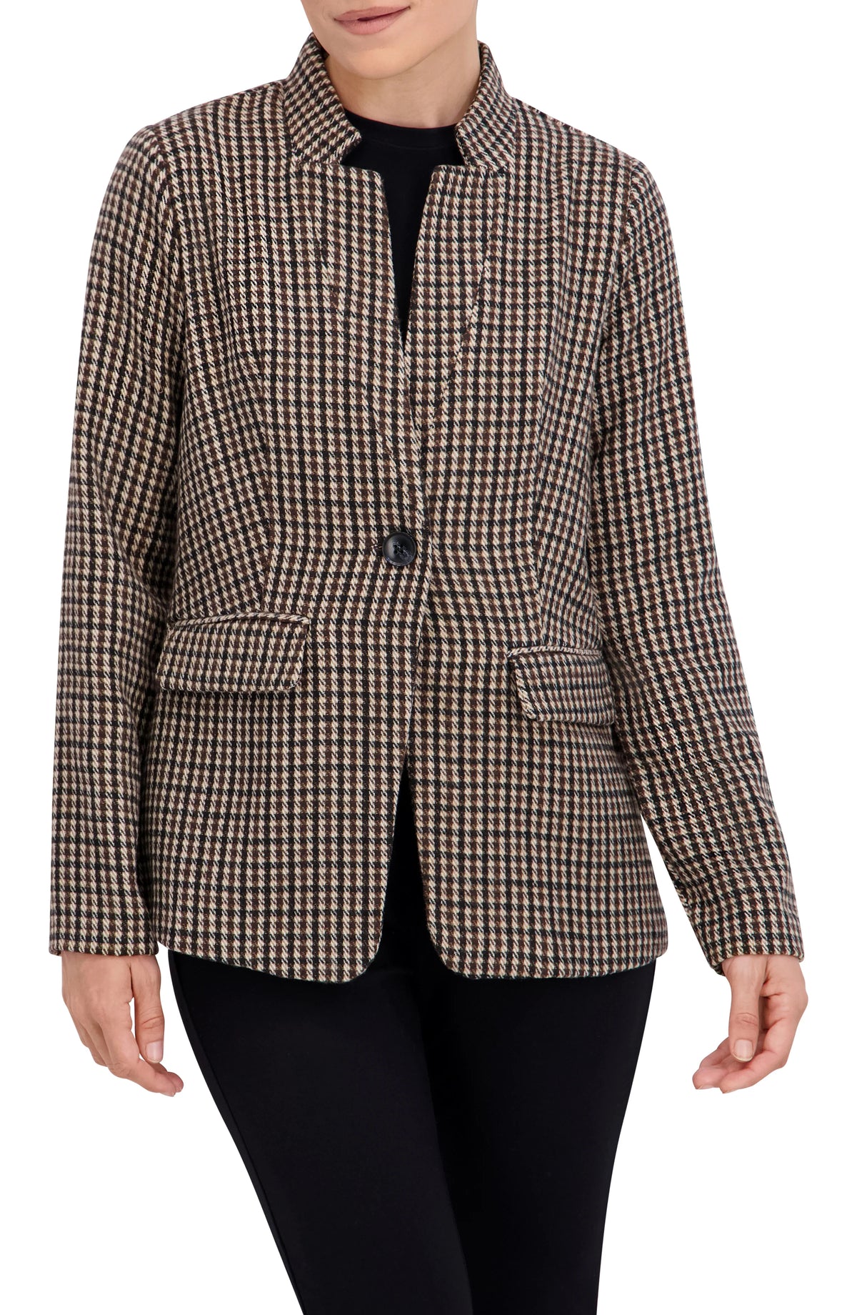 Inverted Collar Plaid One Button Unlined Blazer