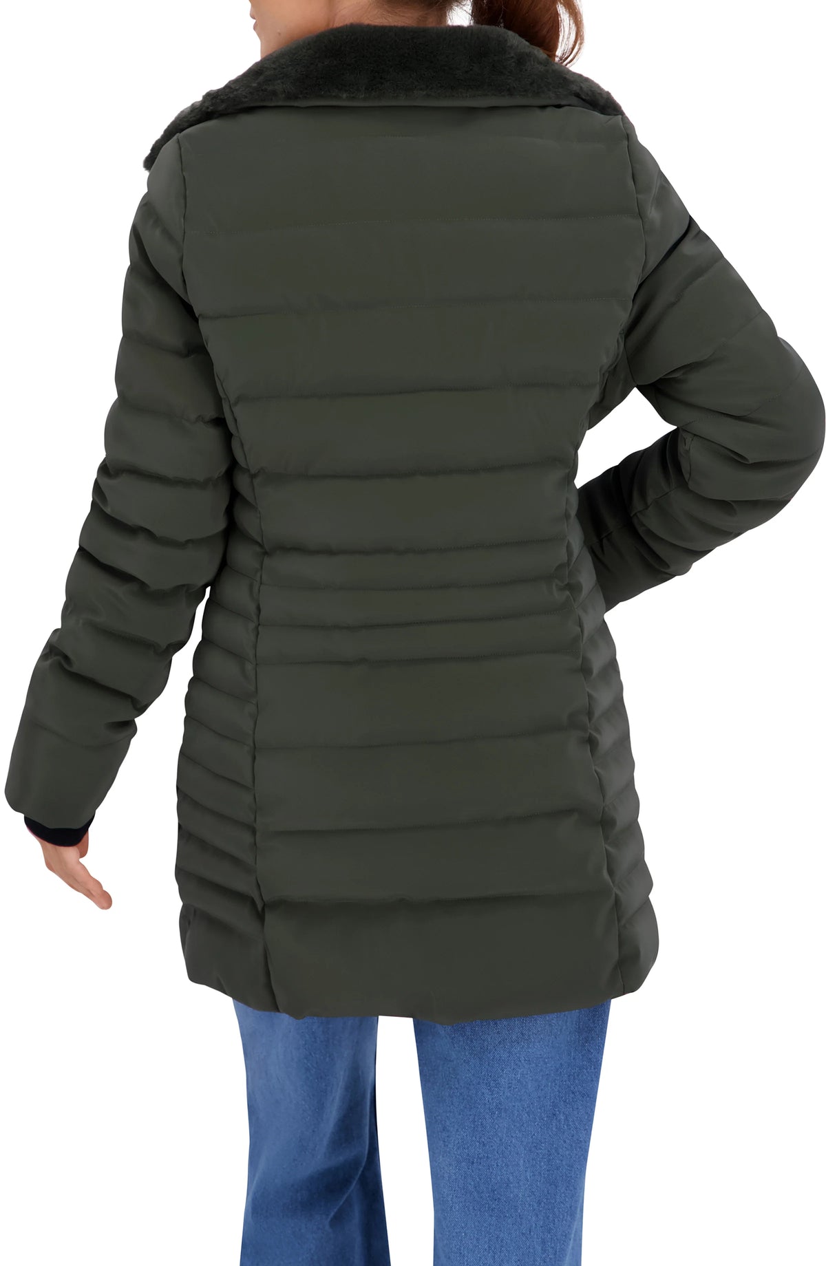 Quilted Carbon Puffer Stadium Coat w Faux Fur Collar