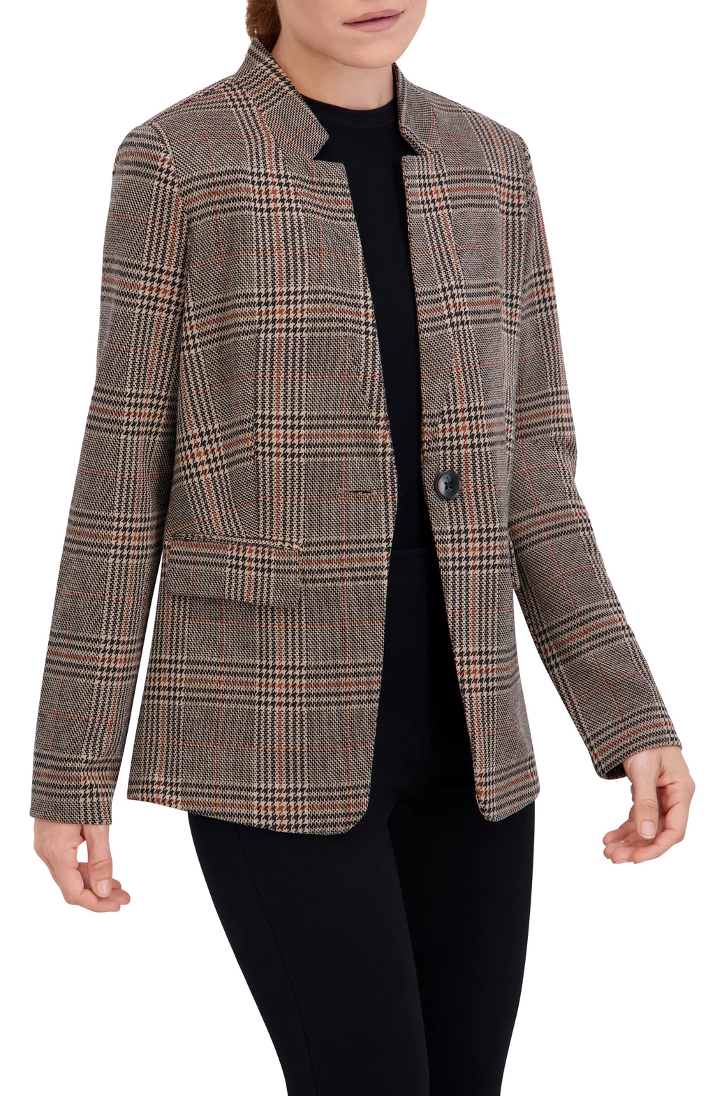 Inverted Collar Plaid One Button Unlined Blazer