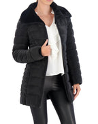Quilted Carbon Puffer Stadium Coat w Faux Fur Collar