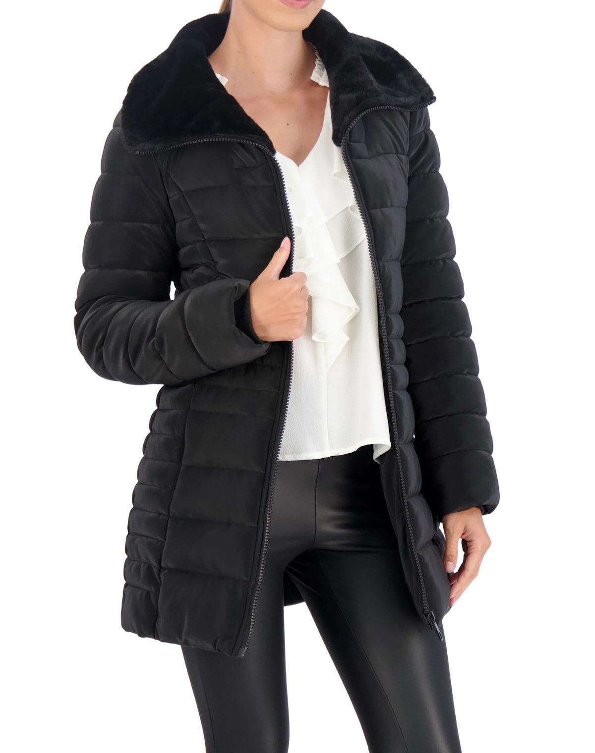 Quilted Carbon Puffer Stadium Coat w Faux Fur Collar
