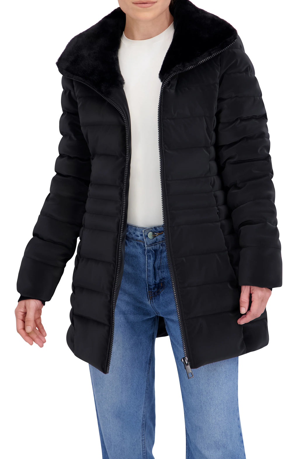 Quilted Carbon Puffer Stadium Coat w Faux Fur Collar