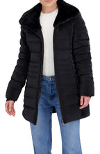 Quilted Carbon Puffer Stadium Coat w Faux Fur Collar