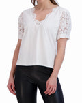 V Neck Top with Lace Trim Collar and Sleeves