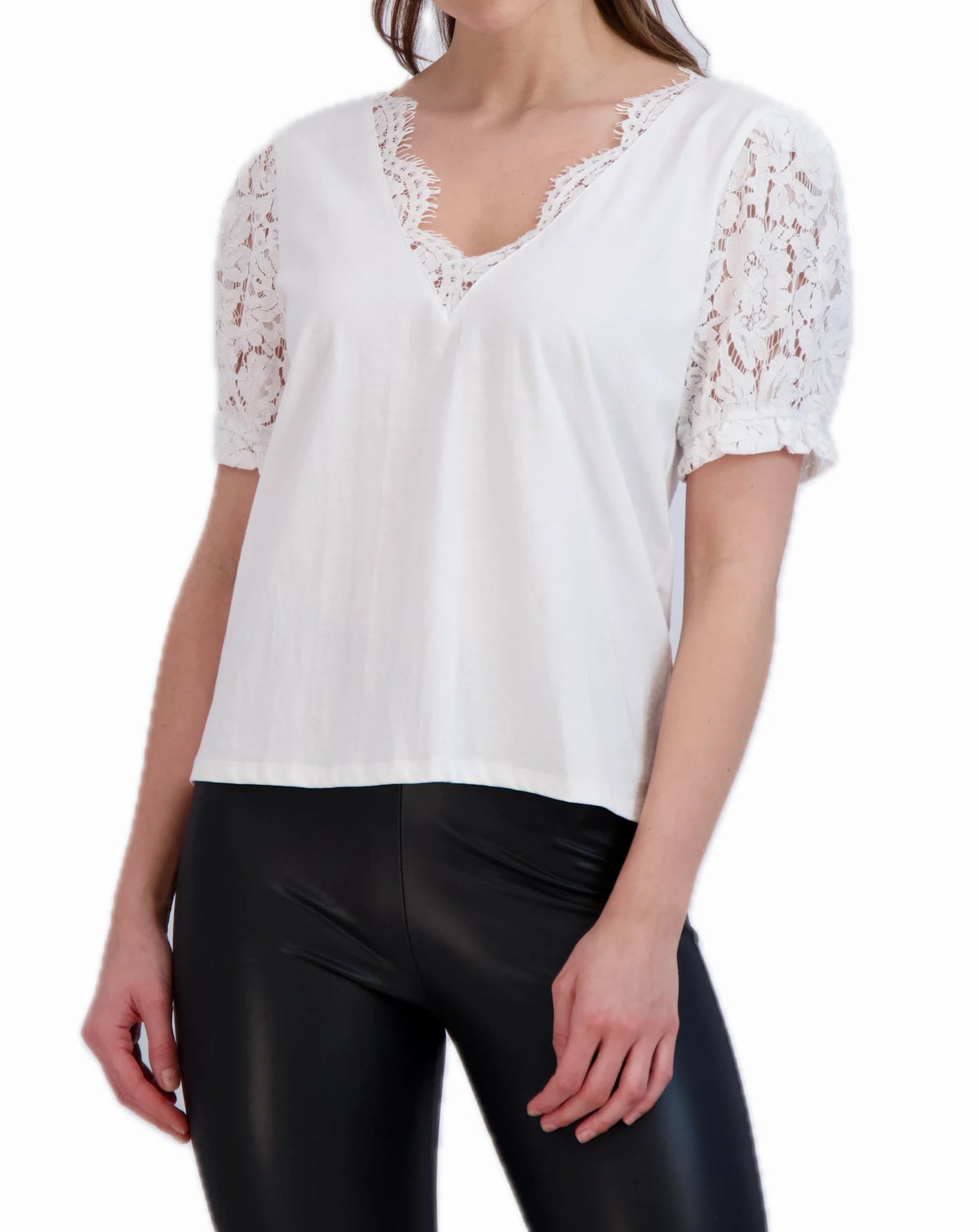V Neck Top with Lace Trim Collar and Sleeves