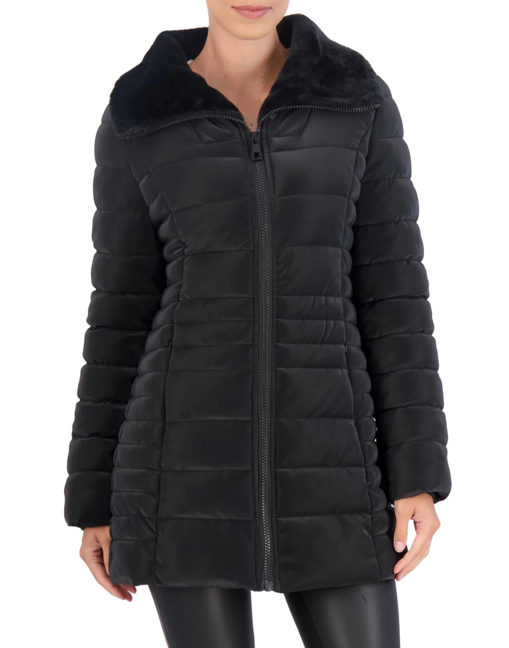 Quilted Carbon Puffer Stadium Coat w Faux Fur Collar