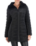Quilted Carbon Puffer Stadium Coat w Faux Fur Collar