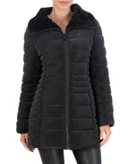 Quilted Carbon Puffer Stadium Coat w Faux Fur Collar