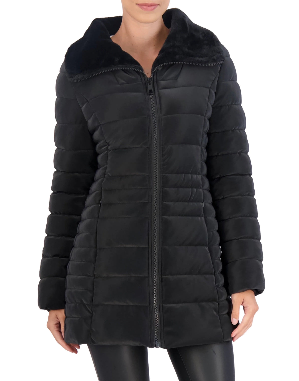 Quilted Carbon Puffer Stadium Coat w Faux Fur Collar