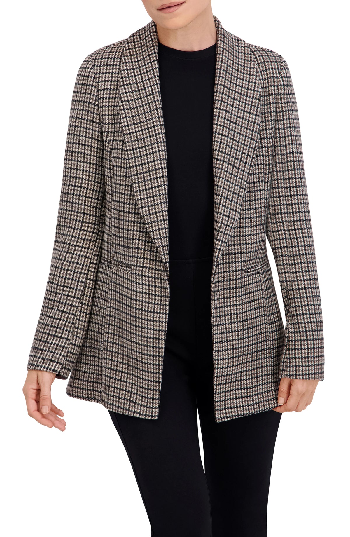 Shawl Collar Plaid Knit Unlined Blazer