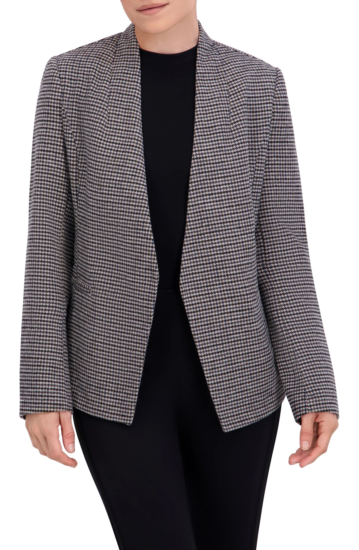 Collarless Open Front Menswear Plaid Unlined Blazer