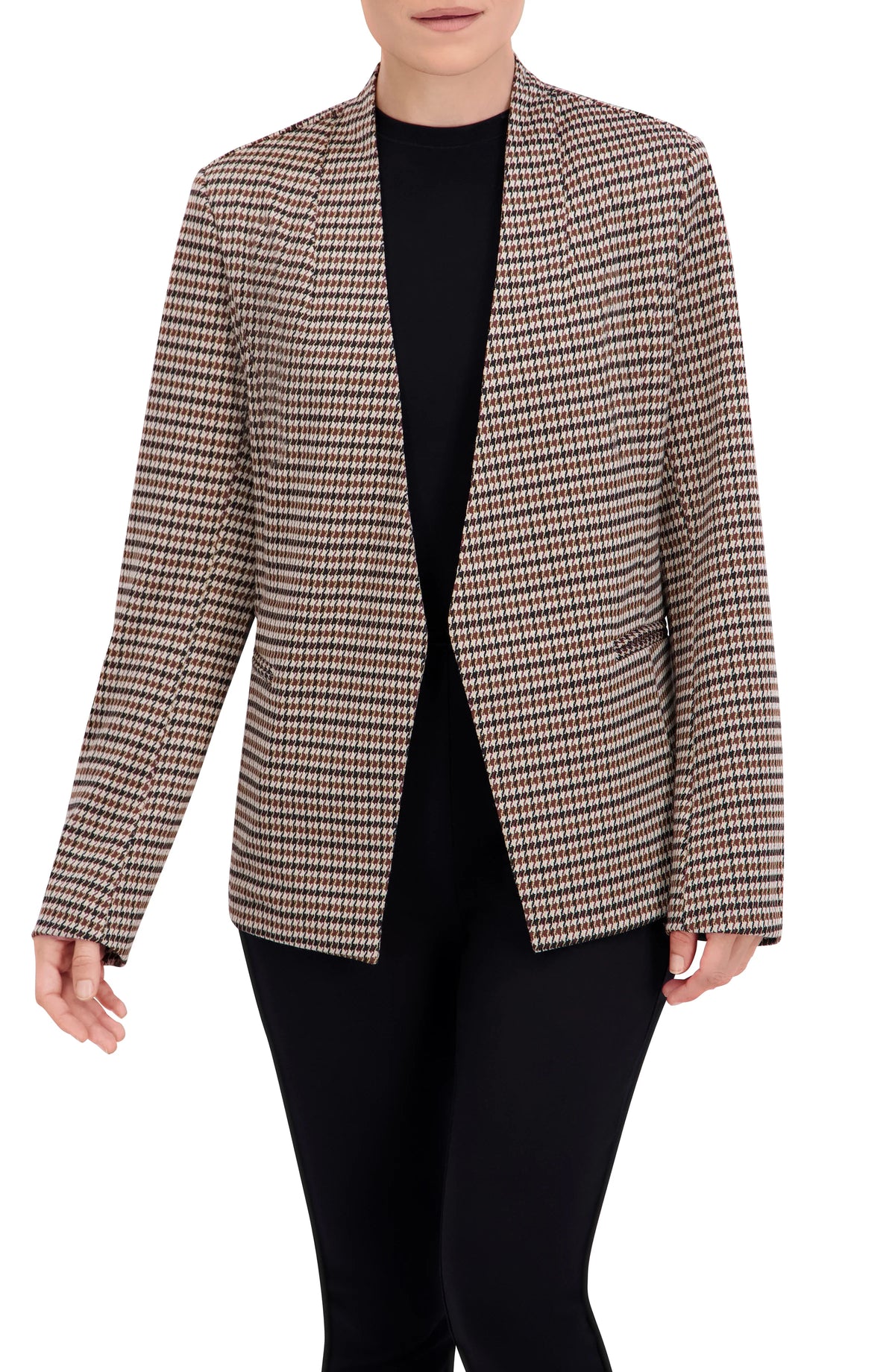 Collarless Open Front Menswear Plaid Unlined Blazer