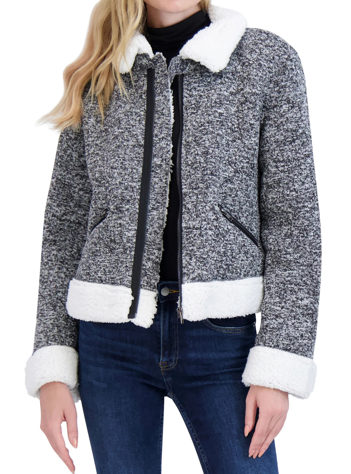 Sweater Bonded to Sherpa CF Zip Moto with Detach Hood
