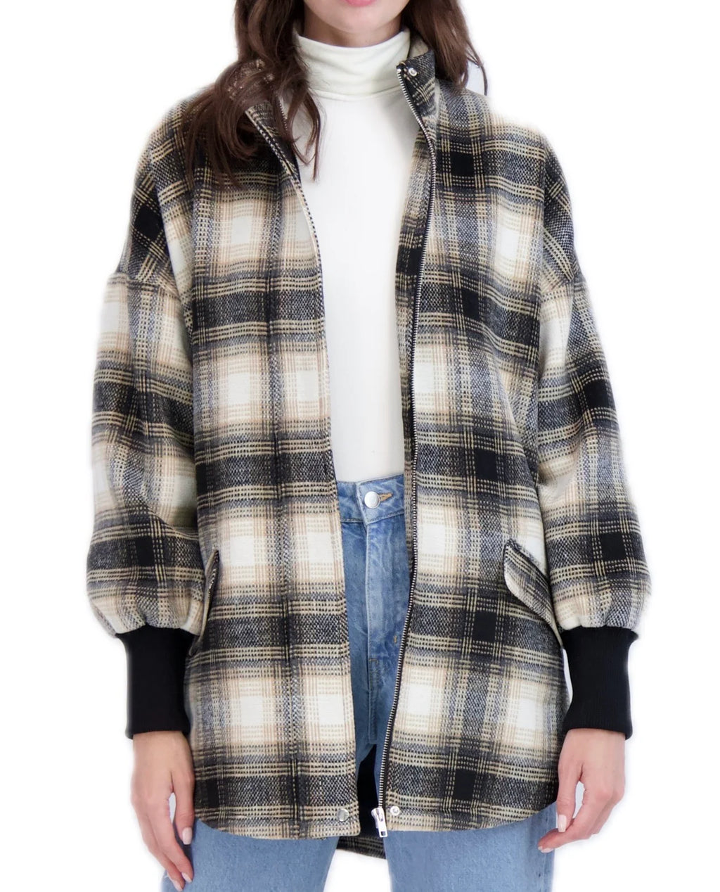 Zip Front Vegan Cashmere Plaid Jacket with Drop Shoulder Rib Cuffs
