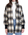 Zip Front Vegan Cashmere Plaid Jacket with Drop Shoulder Rib Cuffs