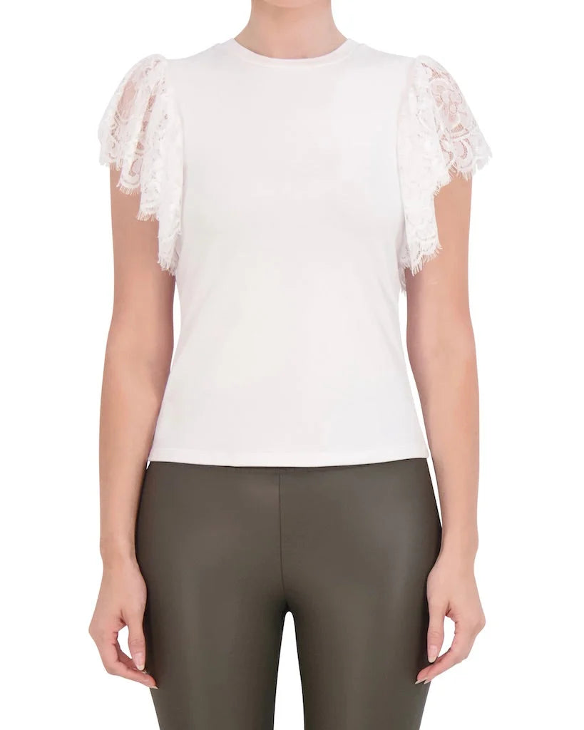 Crew Neck Top with Lace Shoulder Detail