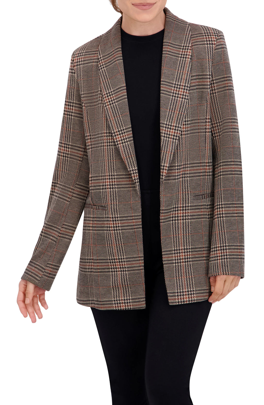 Shawl Collar Plaid Knit Unlined Blazer