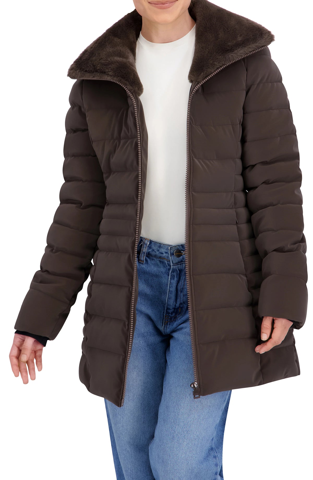Quilted Carbon Puffer Stadium Coat w Faux Fur Collar