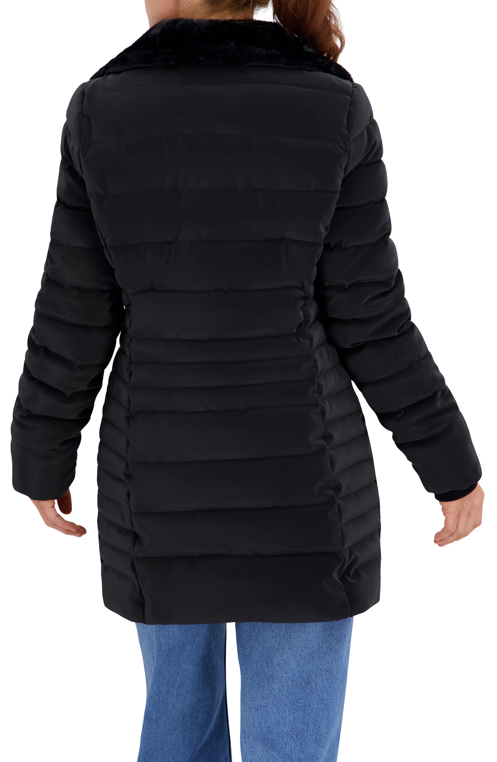 Quilted Carbon Puffer Stadium Coat w Faux Fur Collar