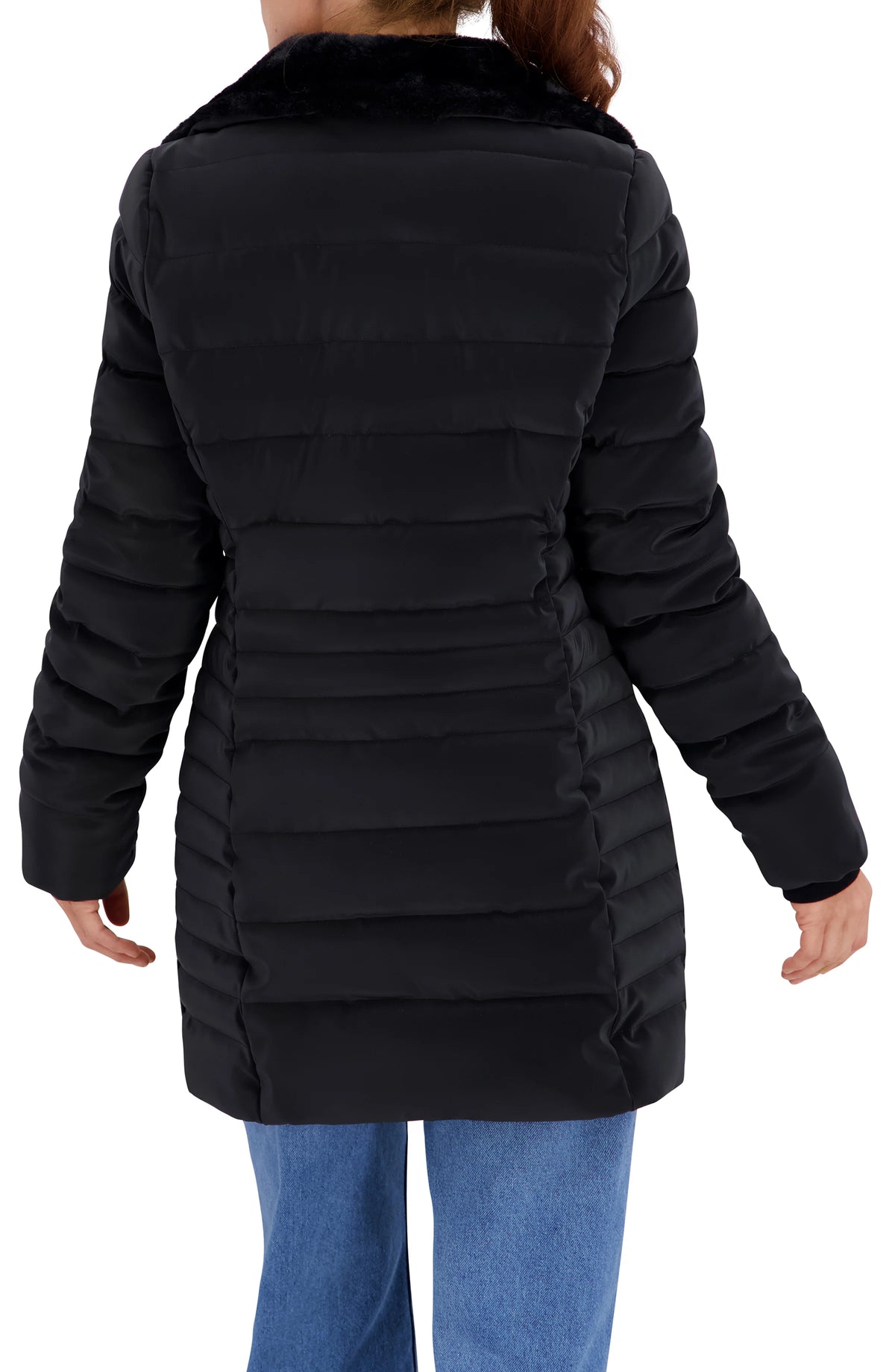 Quilted Carbon Puffer Stadium Coat w Faux Fur Collar