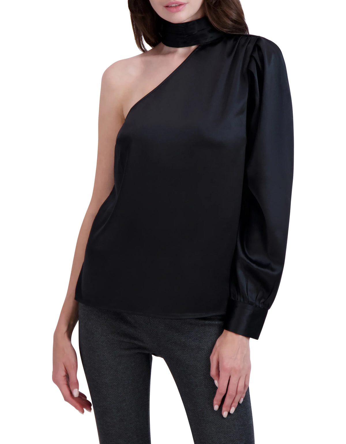 One Shoulder Puff Sleeve Satin Top