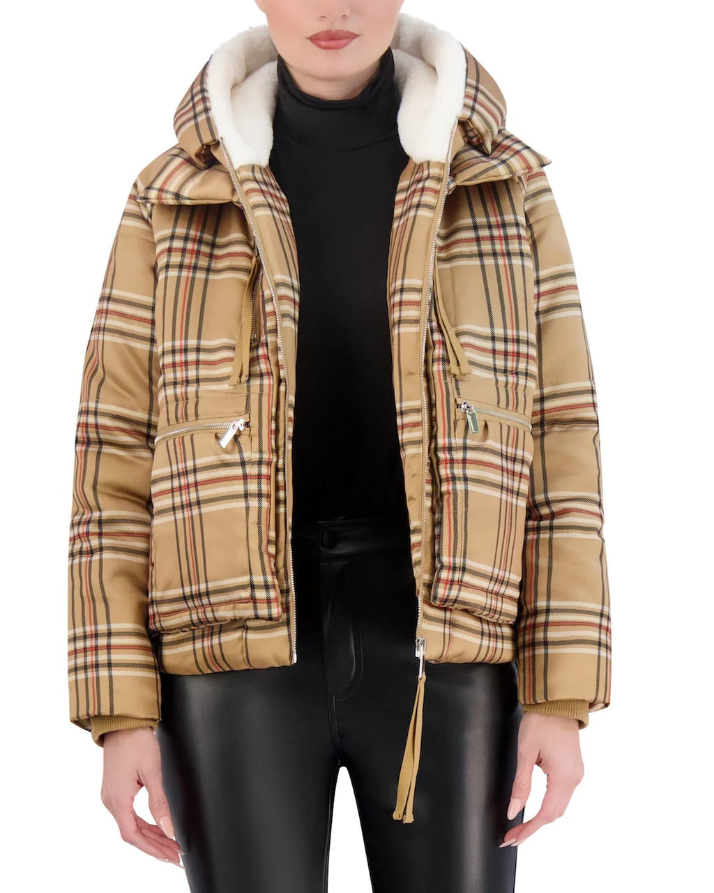 Cropped Plaid Utility Puffer