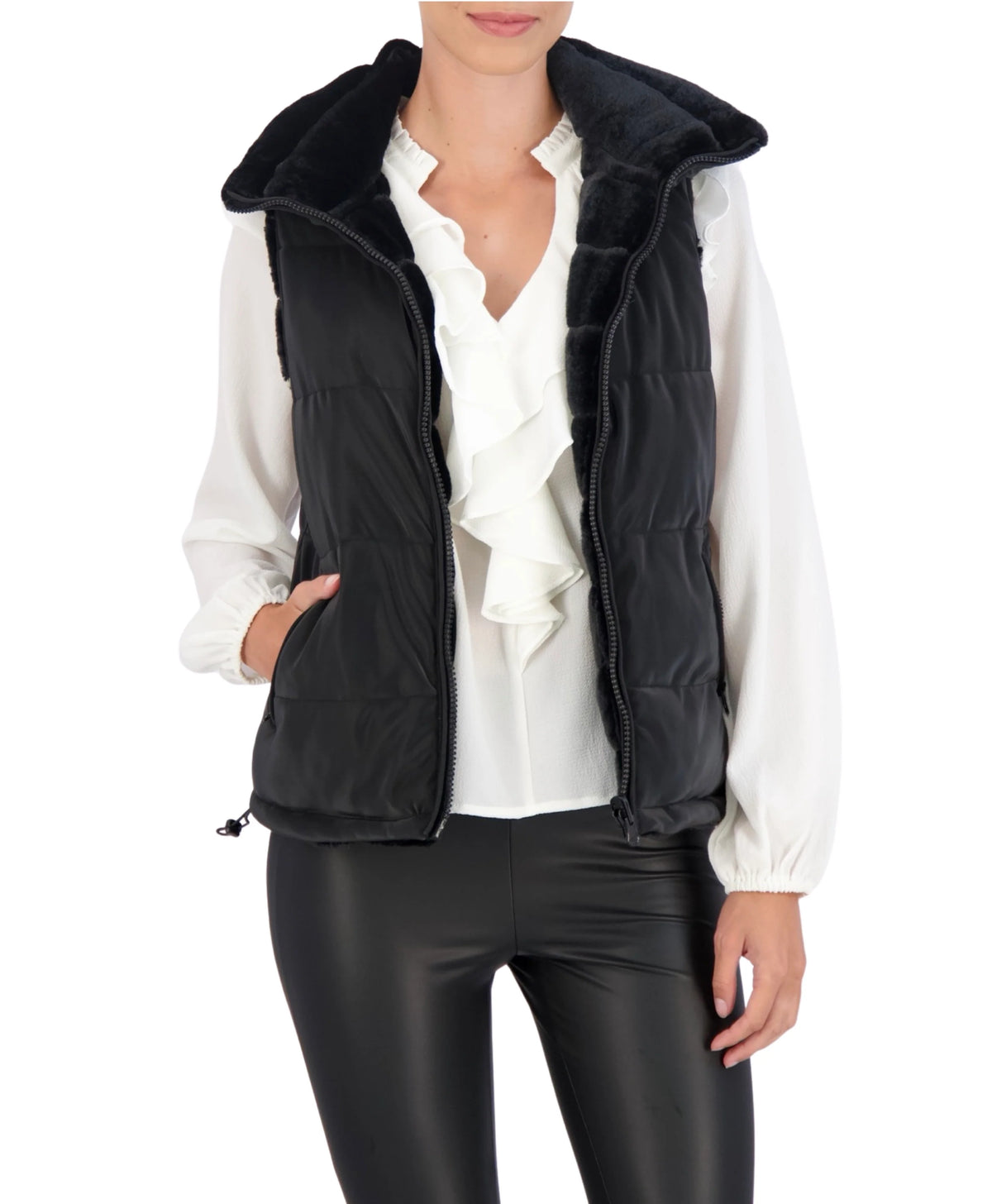 Carbon Puffer Vest Reversible to Grooved Faux Fur