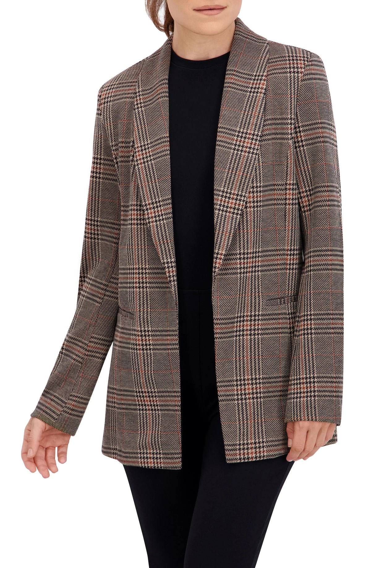 Shawl Collar Plaid Knit Unlined Blazer