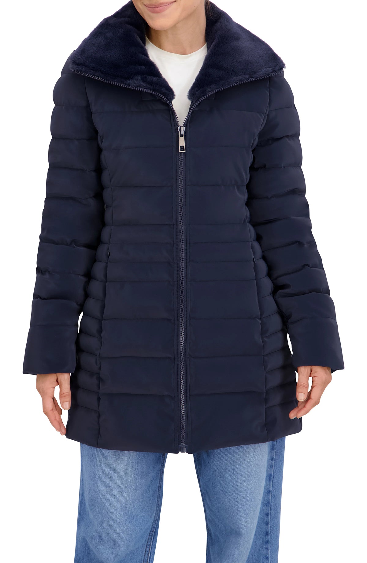 Quilted Carbon Puffer Stadium Coat w Faux Fur Collar