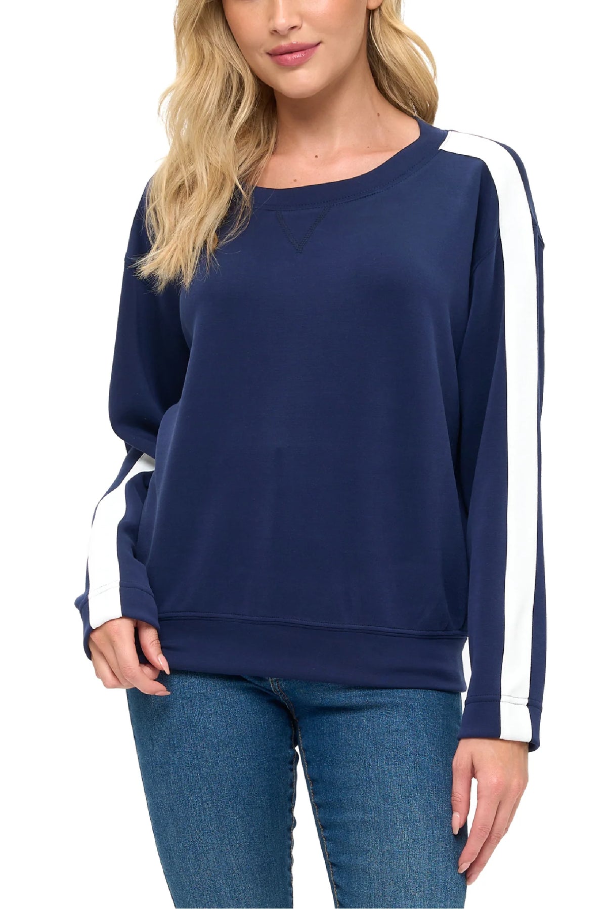 Modal Scuba Knit Crew Neck w Stripe Sleeve