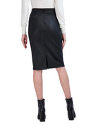 Faux Button Front Textured Vegan Leather Pencil Skirt with Front Vent