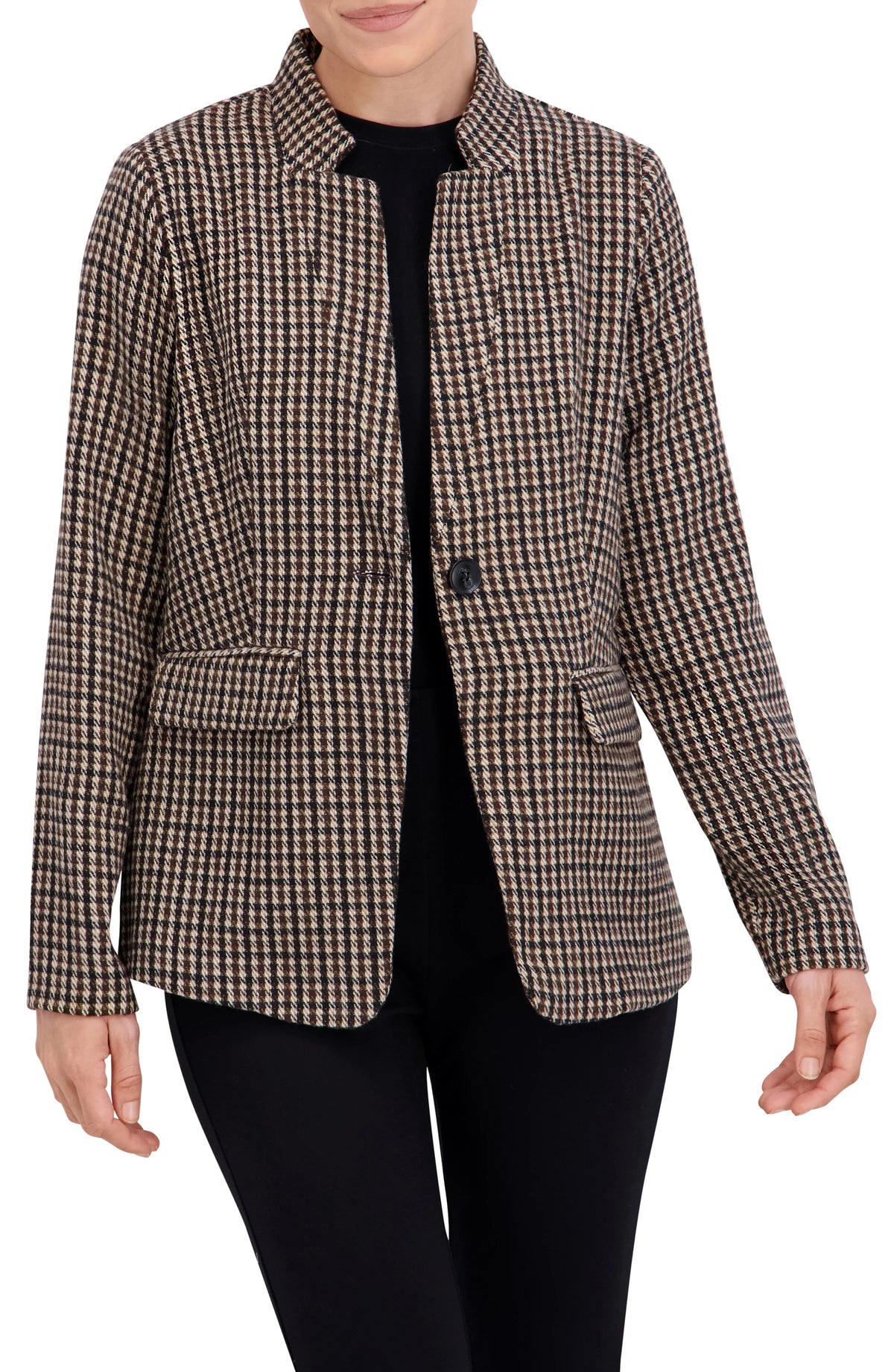 Inverted Collar Plaid One Button Unlined Blazer