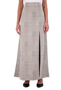 Plaid knit high waisted maxi skirt with front vent