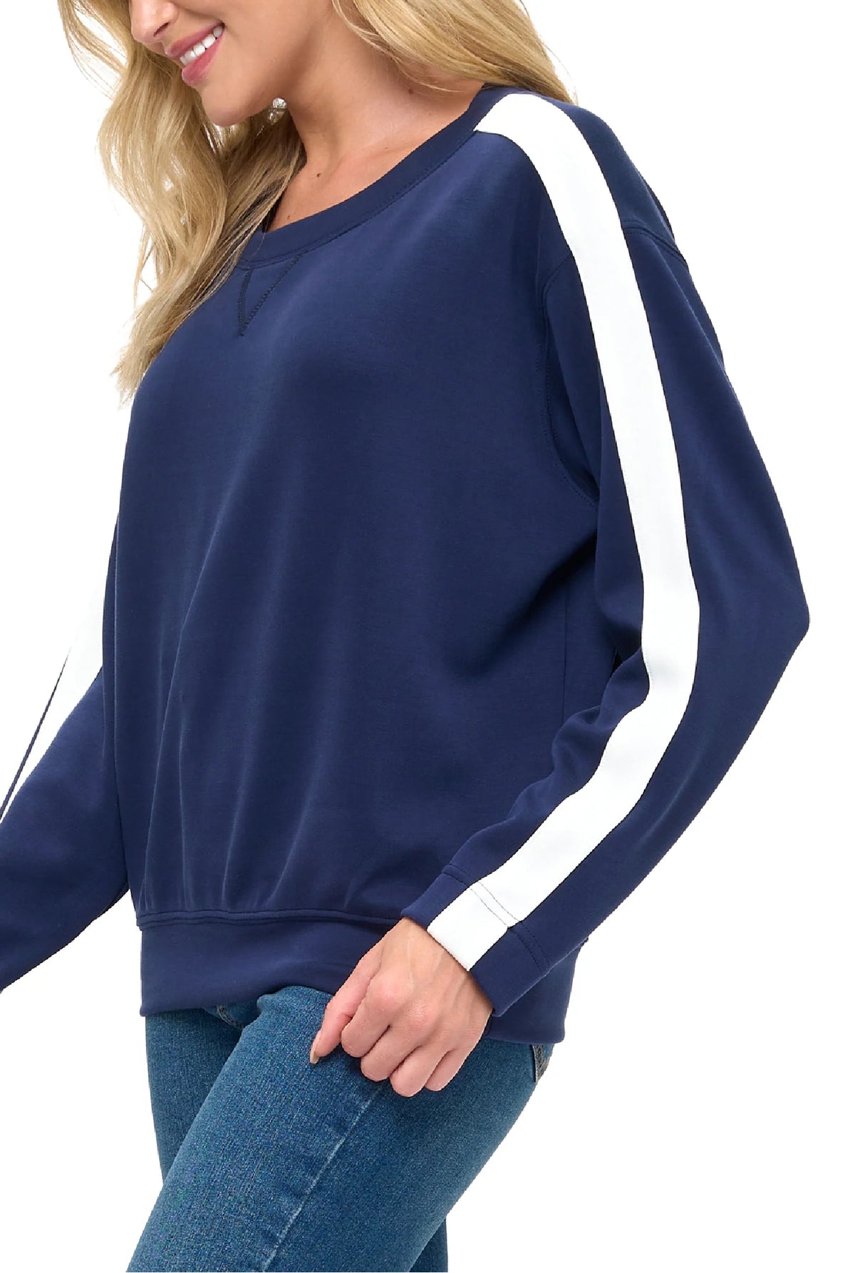 Modal Scuba Knit Crew Neck w Stripe Sleeve