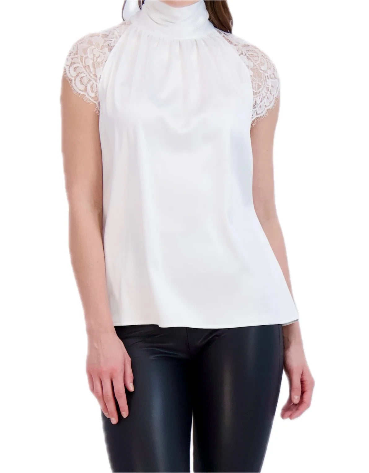 Sleeveless satin tie back turtleneck with lace trim