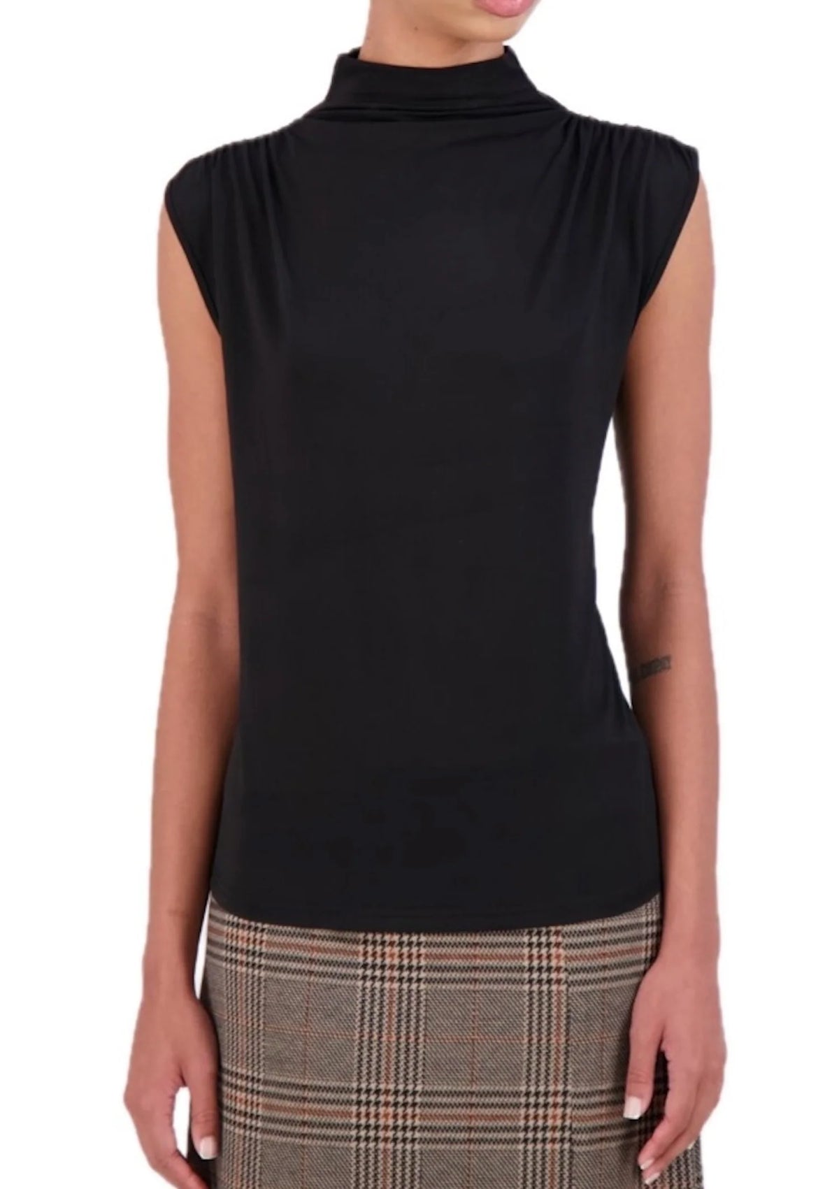 Sleeveless mock turtleneck blouse with rouching detail
