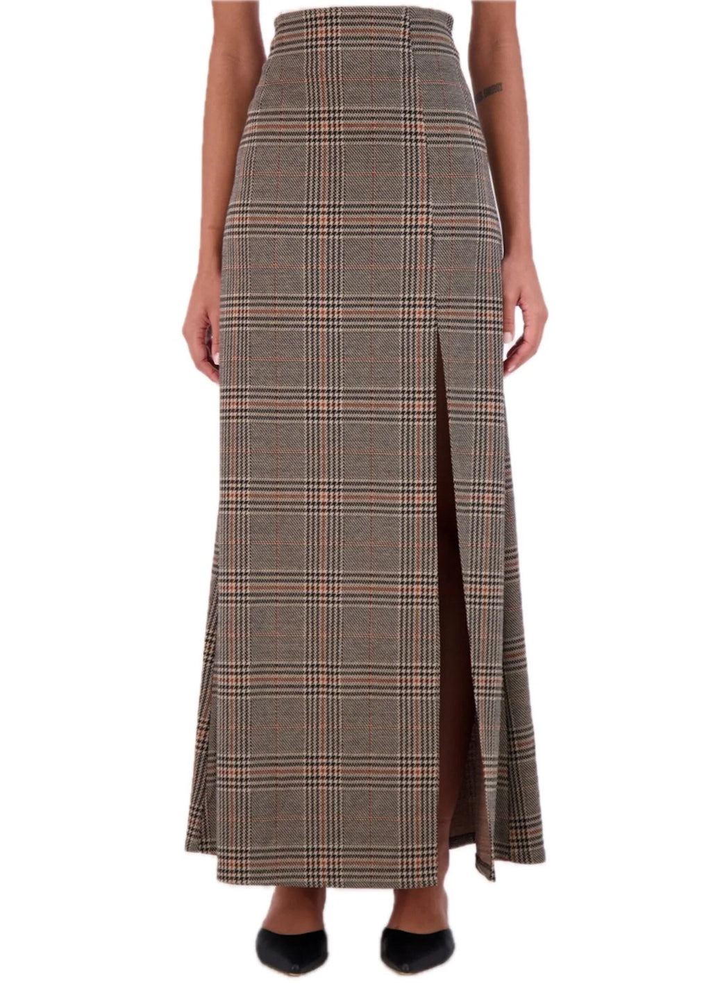 Plaid knit high waisted maxi skirt with front vent