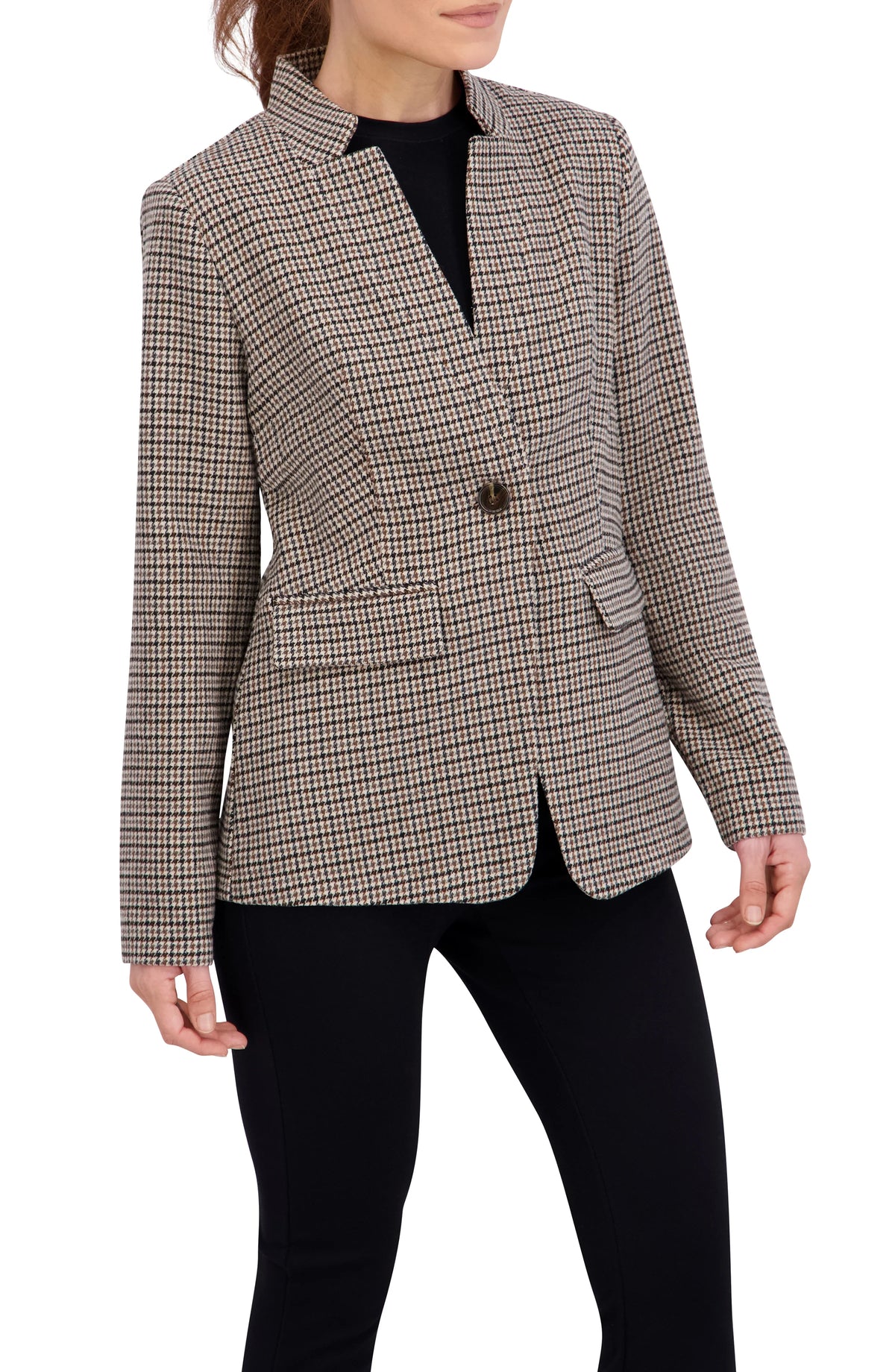 Inverted Collar Plaid One Button Unlined Blazer