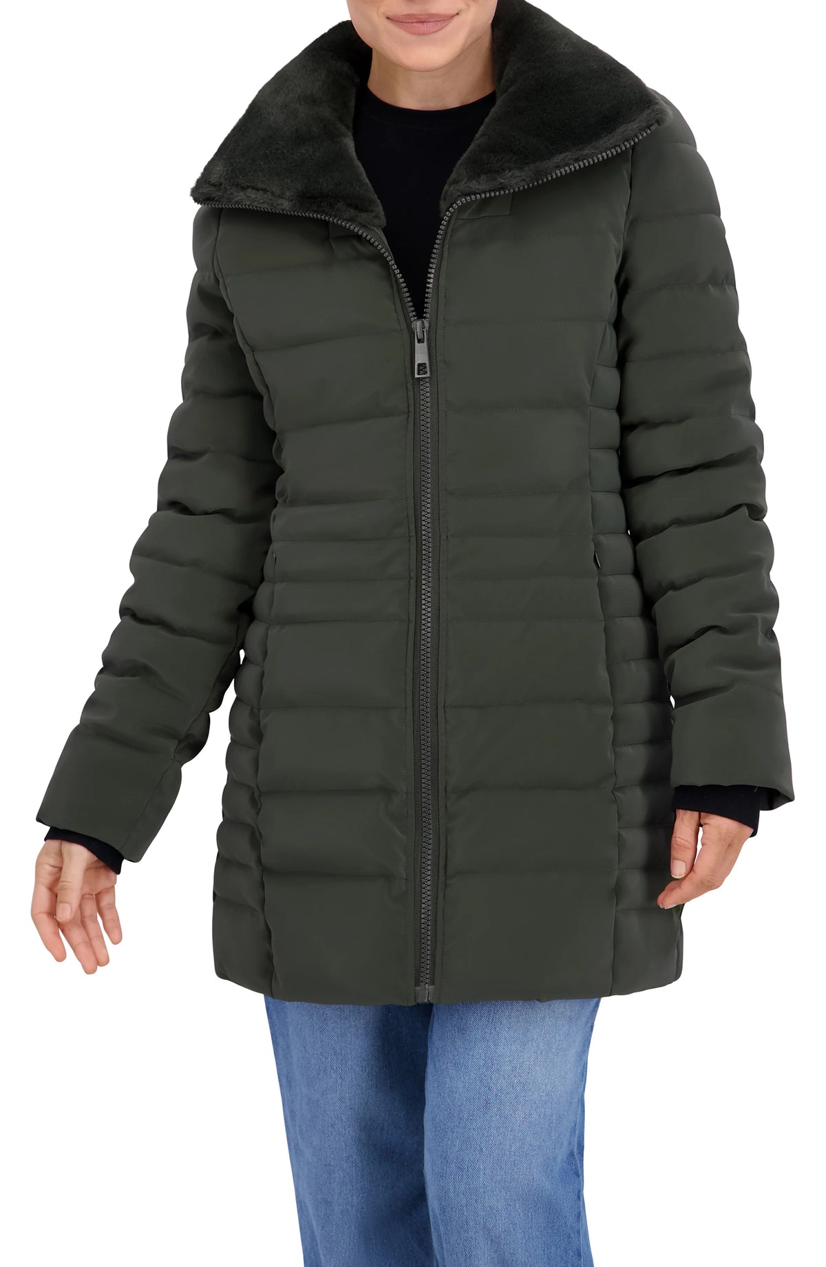 Quilted Carbon Puffer Stadium Coat w Faux Fur Collar