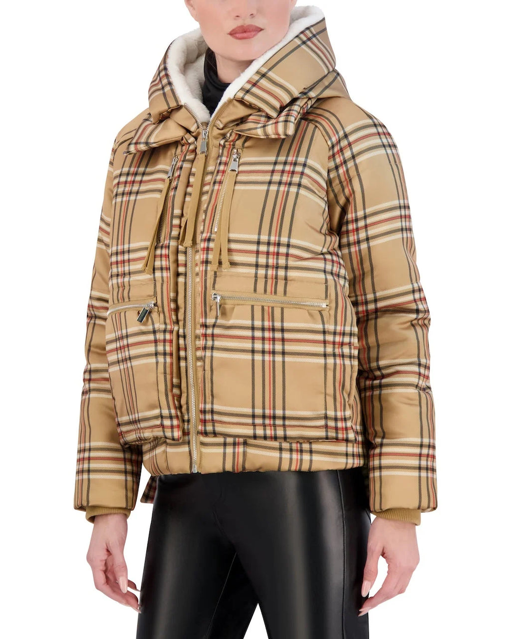 Cropped Plaid Utility Puffer