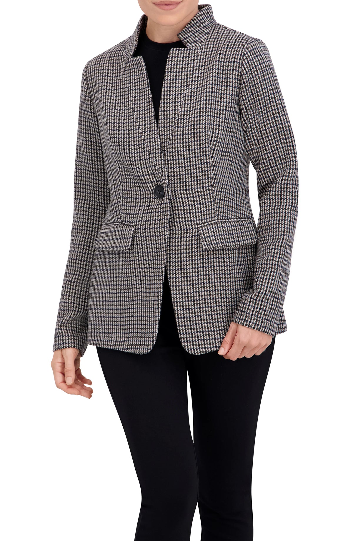 Inverted Collar Plaid One Button Unlined Blazer