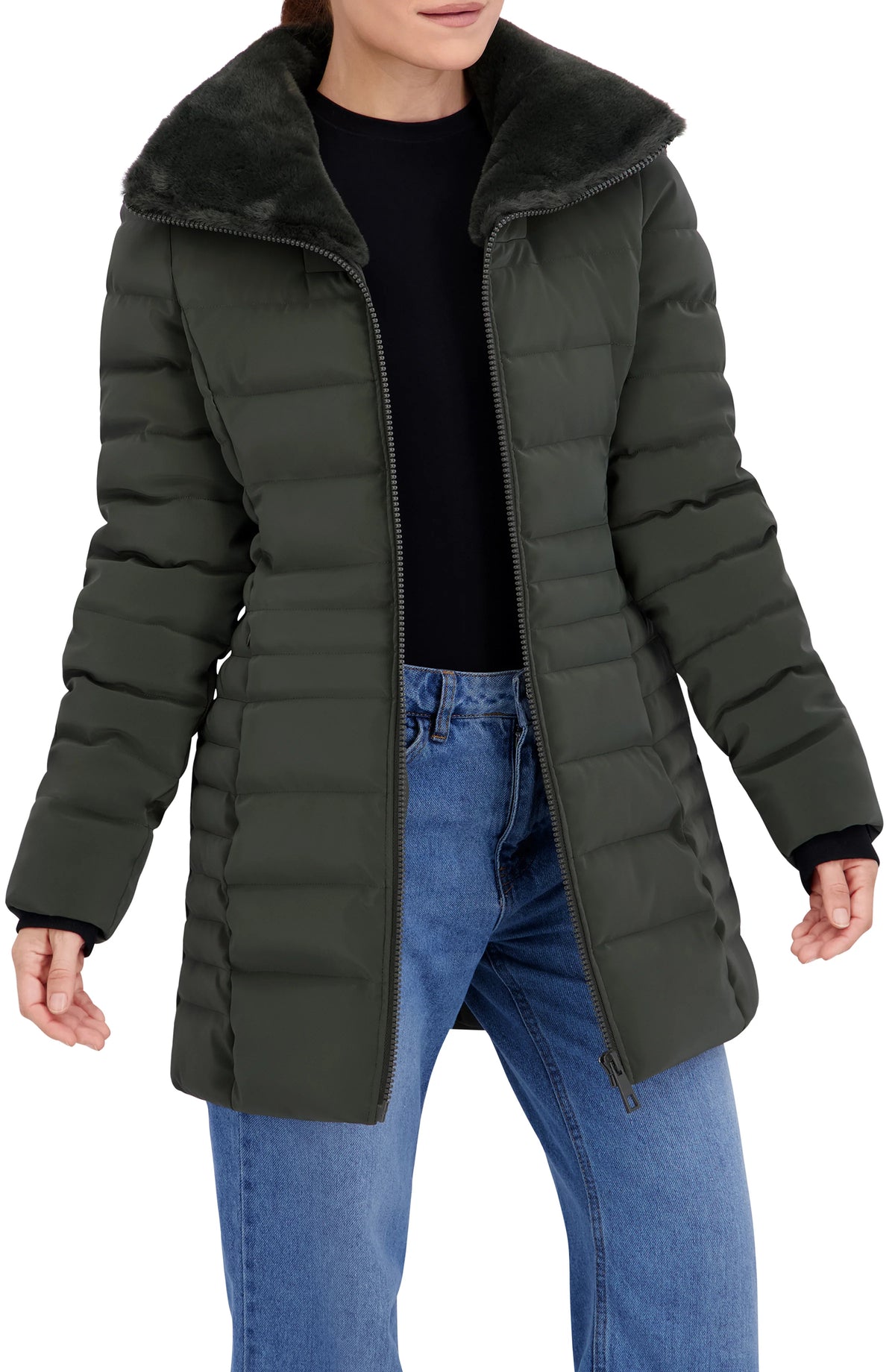 Quilted Carbon Puffer Stadium Coat w Faux Fur Collar