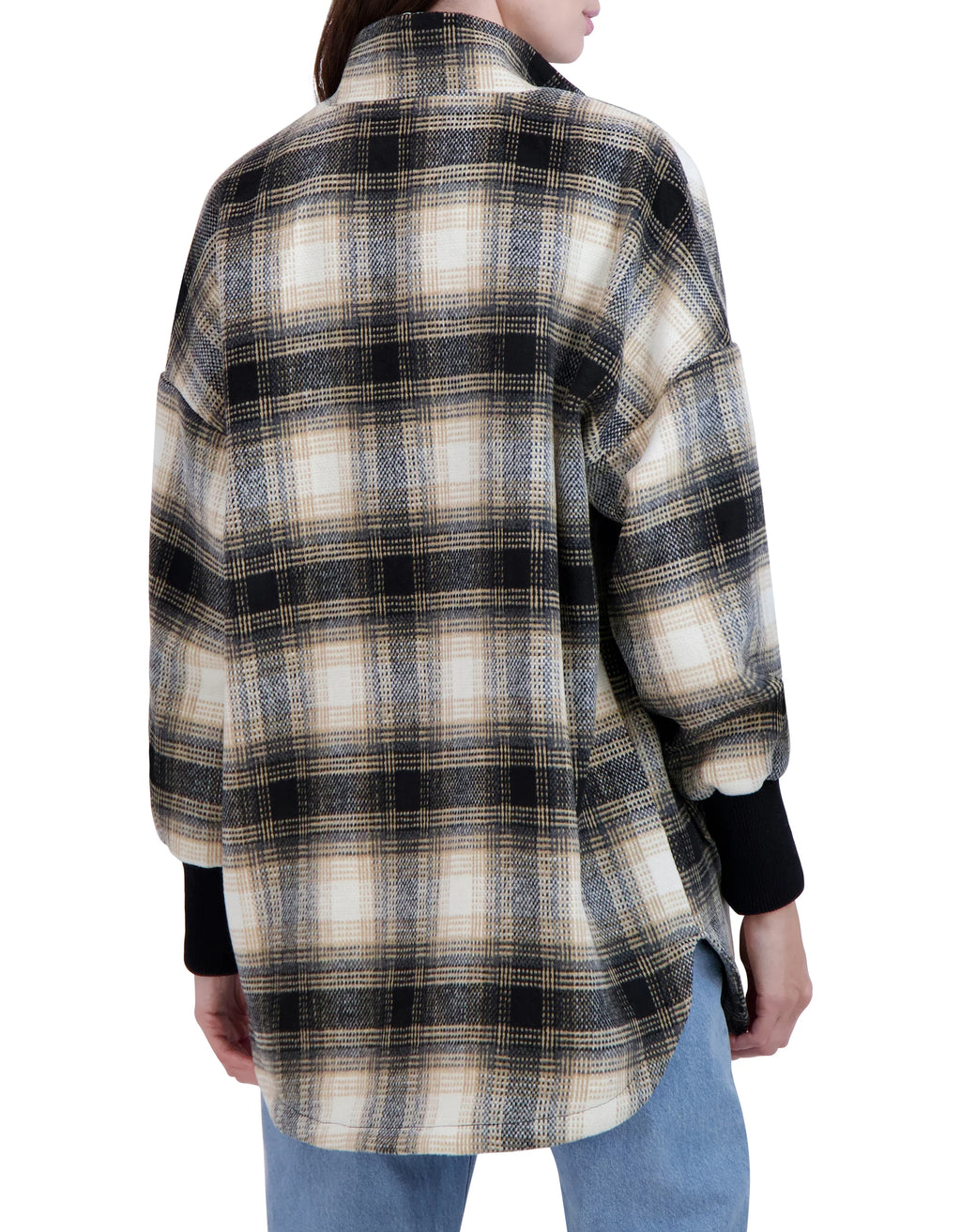 Zip Front Vegan Cashmere Plaid Jacket with Drop Shoulder Rib Cuffs