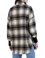 Zip Front Vegan Cashmere Plaid Jacket with Drop Shoulder Rib Cuffs
